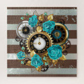 Puzzle Steampunk Clock and Turquoise Roses on Striped (Vertical)