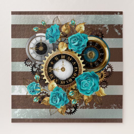 Puzzle Steampunk Clock and Turquoise Roses on Striped (Vertical)