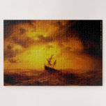 Puzzle Stormy Sea Nature Art Vintage Painting Family Kids<br><div class="desc">Custom, personalized, familiy kids nature art lovers 1000 pieces jigsaw puzzle, featuring a striking beautiful intricate detailed vintage painting, oil on canvas, by Marcus Larson, featuring a ship in the middle of a stormy sea with gulls hoverabove a blazing sun setting amidst stormy clouds in the background, and your note...</div>