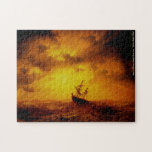 Puzzle Stormy Sea Vintage Painting Family Kids Art Nature<br><div class="desc">Custom, personalized, family kids nature art lovers 250 pieces jigsaw puzzle, featuring a striking beautiful intricate detailed vintage painting, oil on canvas, by Marcus Larson, featuring a ship in the middle of a stormy sea with gulls hovering above and a blazing sun setting amidst stormy clouds in the background, and...</div>
