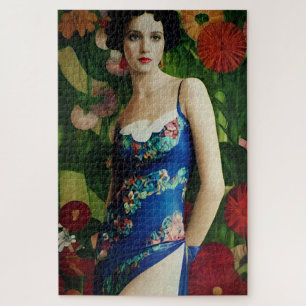 Puzzle Style Art Déco Elégant Femme avec Grandes Fleurs A