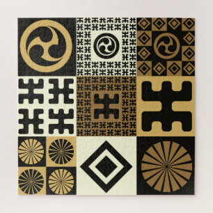 Puzzle Style japonais, or noir sans couture motif.