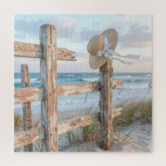 Puzzle Sun Hat On Rustic Beach Fence Post (Vertical)