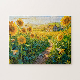 Puzzle Sunflower Path Cottage with Cat and Blossoming Mea