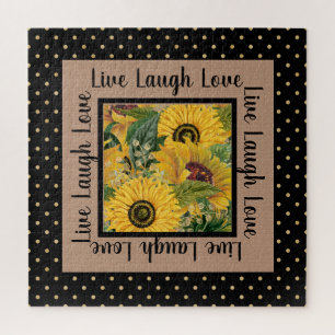 Puzzle Sunflowers Black Gold Polka Dot Live Rire Amour