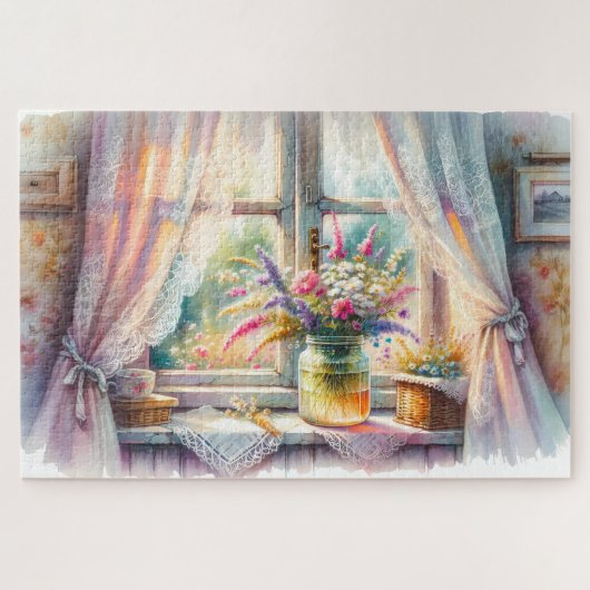 Puzzle Sunlit Cottage Window Wildflowers (Horizontal)