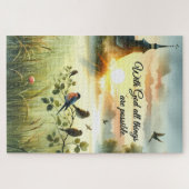 Puzzle Sunrise Church with Birds in Misty Meadow (Horizontal)