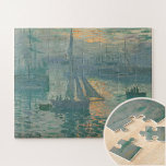 Puzzle Sunrise (Marine) par Claude Monet<br><div class="desc">Dans la palette feutrée de l'aube émergente, Claude Monet dépeignait le port industriel du Havre sur la côte nord de la France. L'orange brillante du soleil levant brille au milieu de l'air humide et danse sur l'eau douce ondulante, illuminant ses bleus irisés et verts. À peine perceptible à travers une...</div>