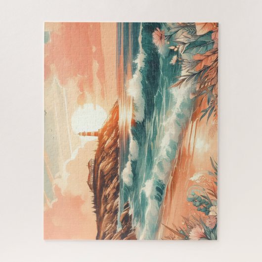 Puzzle Sunset Lighthouse Ocean Beach Boho Floral (Vertical)
