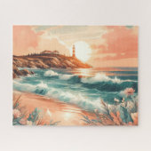 Puzzle Sunset Lighthouse Ocean Beach Boho Floral (Horizontal)