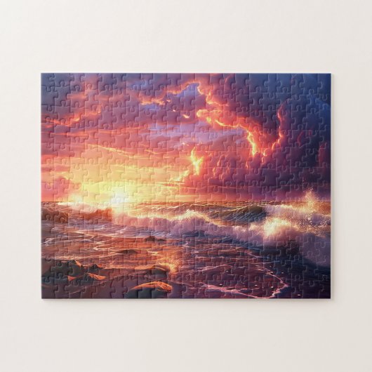 Puzzle Sunset Sunrise Sundown Ocean Waves Nature Sea Jigs (Horizontal)