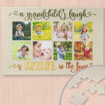 Puzzle Sunshine in the House Citation - Petits enfants Ph<br><div class="desc">Créez votre propre puzzle photo personnalisé avec 8 de vos photos préférées. Le design comporte la citation "le rire d'un petit-enfant est ensoleillé dans la maison". Il est écrit en calligraphie ornée avec les coeurs d'amour et une palette de couleurs ombragées de vert olive à travers jaune ensoleillé et orange...</div>