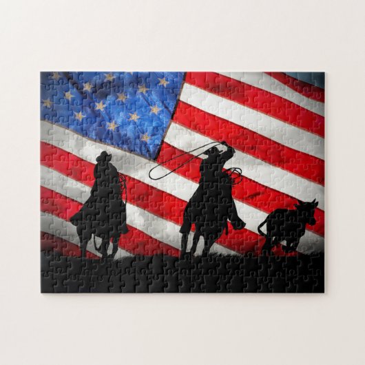 Puzzle Super Cool Cowboys Roping Steer et drapeau (Horizontal)