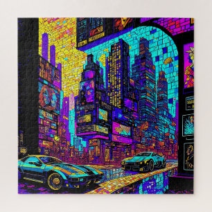 Puzzle Superbe Mosaïque Vitrail Neon Cyberpunk City