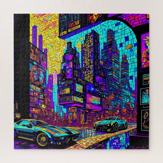 Puzzle Superbe Mosaïque Vitrail Neon Cyberpunk City (Vertical)
