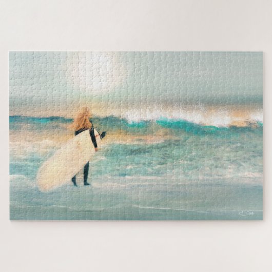 Puzzle Surfer Girl Tropical Beach Blue Waves (Horizontal)