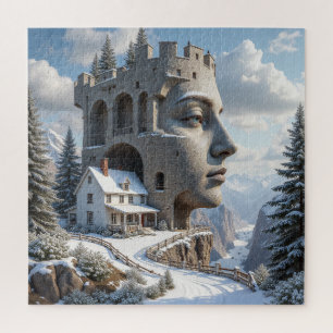 Puzzle Surreal Castle Face dans les montagnes neigeuses -