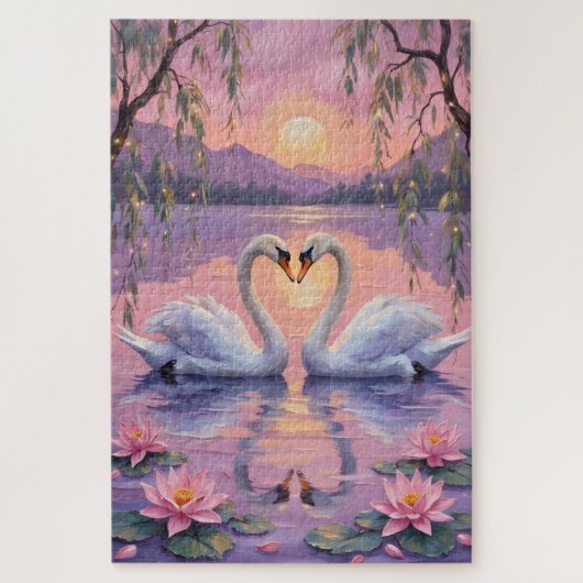 Puzzle Swan Couple Heart on Pink Sunset Lake (Vertical)