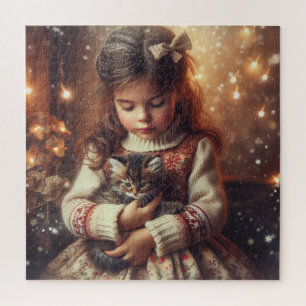Puzzle Sweet Little Girl and Kitten Christmas
