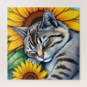 Puzzle Sweet Napping Gray Cat and Sunflower (Vertical)