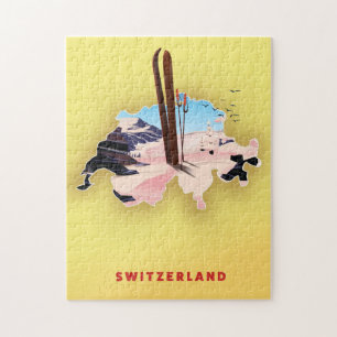 Puzzle Switzerland map Ski travel poster.