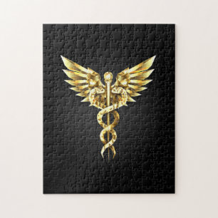 Puzzle Symbole caducee polygonale en or