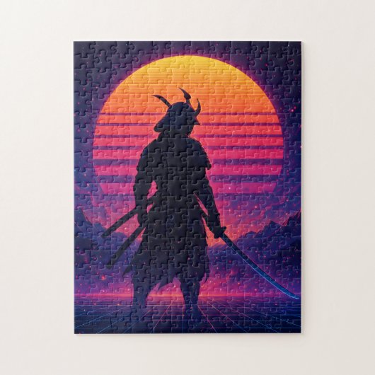 Puzzle Synthwave Samurai – Retro Futuristic Neon Art (Vertical)