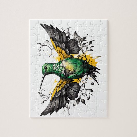 Puzzle Tatouage de colibri vert et jaune Design en blanc (Vertical)