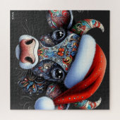 Puzzle Taureau de vache de Noël avec/Santa Hat Art folklo (Horizontal)