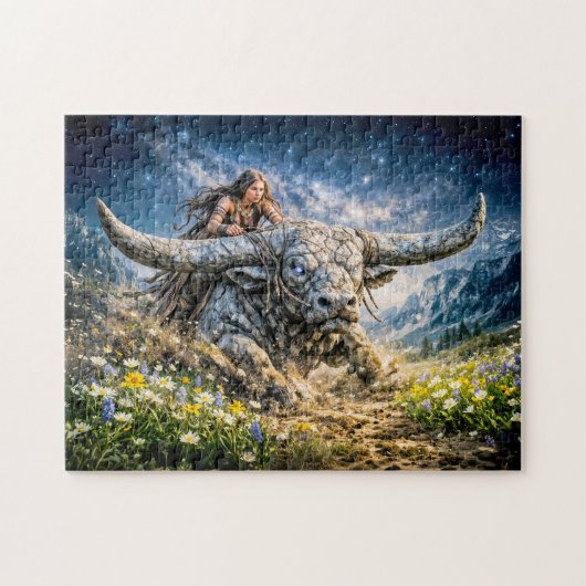 Puzzle Taurus Zodiac Riding a Mystical Horned Beast (Horizontal)