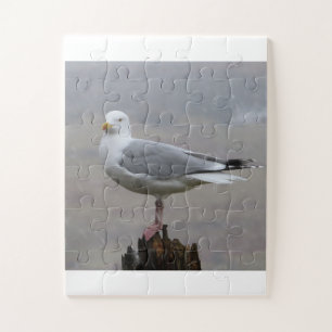 Puzzle Tempête hivernale Mouette sur un poteau en bois