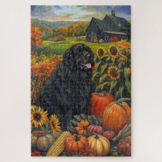 Puzzle Terre-Neuve Chien Récolte d'automne Thankgiving (Vertical)