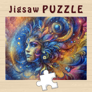 Puzzle Tête de déesse bleue Plume dans les cheveux Août -