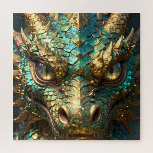 Puzzle Tête de dragon turquoise et or (Vertical)