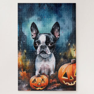 Puzzle Tête de mort Terrier de Boston avec citrouilles ef