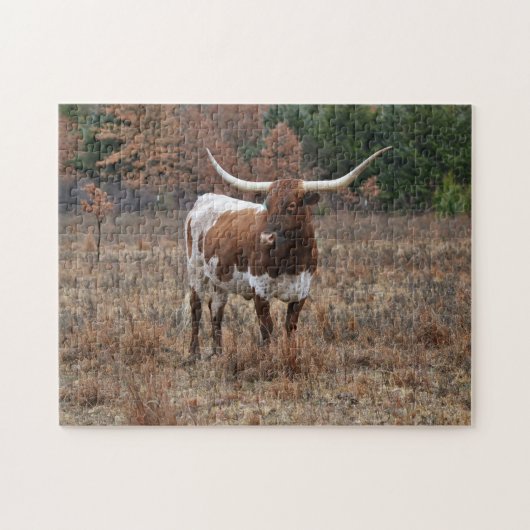 Puzzle Texas Longhorn Cow in Fall Meadow Farm Style Art (Horizontal)