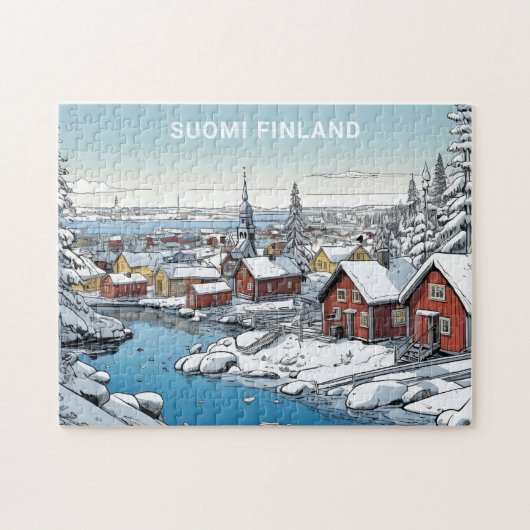 Puzzle Texte personnalisé Finlande - Illustration hiverna (Horizontal)