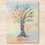 Puzzle Texte personnalisé Photo personnalisée<br><div class="desc">Ce puzzle unique est décoré d'un arbre de mosaïque coloré sur un arrière - plan aquarelle. Facilement personnalisable avec votre nom de famille ou une citation inspirante. Mosaïque originale et aquarelle © Michele Davies.</div>