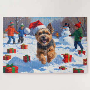 Puzzle Tibetan Terrier courant dans la neige avec un chap