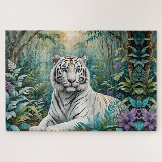 Puzzle Tigre blanc dans une jungle bleue verte (Horizontal)