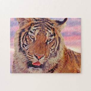 Puzzle Tigre endormi au coucher du soleil, Gros Chat