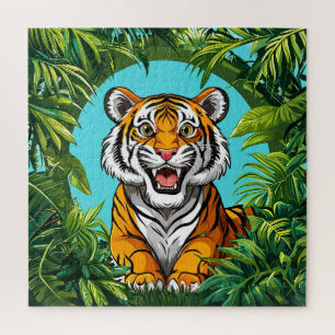 Puzzle Tigre majestueux rugissant dans une jungle vibrant