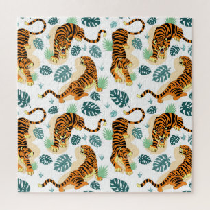 Puzzle Tigres Feuilles tropicaux : Illustration Vintage.