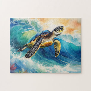 Puzzle Tortue de mer à cheval une vague vibrante aquarell