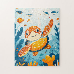Puzzle Tortue de mer de dessin animé nage dans la forêt d
