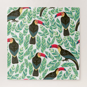 Puzzle Toucans, feuilles tropicaux, motif décoratif.