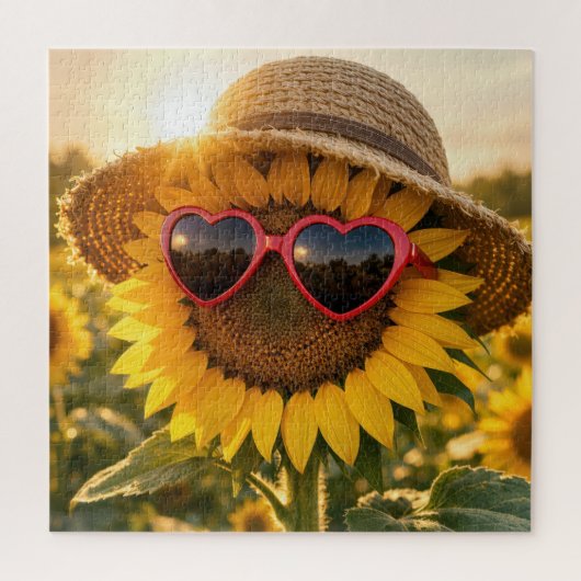 Puzzle Tournesol portant des lunettes de soleil et un cha (Vertical)