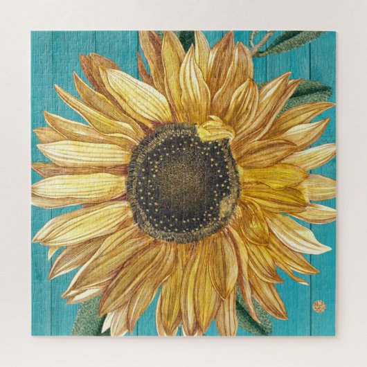 Puzzle Tournesol rustique Turquoise Bleu Grange Bois Pays (Vertical)