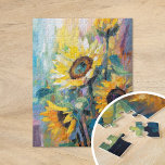 Puzzle Tournesols Peinture Abstraite Florale moderne<br><div class="desc">Un tableau moderne abstrait impressioniste de style dynamique de tournesols. L'oeuvre est composée de touches texturées dans les tons jaunes, bleus et verts. Le brossage dynamique et les couleurs vives créent un sens du mouvement, capturant la beauté et l'énergie des tournesols dans un style frais et contemporain. Les textures riches...</div>