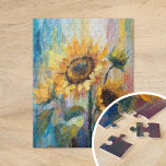 Puzzle Tournesols Peinture Abstraite Florale moderne<br><div class="desc">Un tableau moderne abstrait impressioniste de style dynamique de tournesols. L'oeuvre est composée de touches texturées dans les tons jaunes, bleus et verts. Le brossage dynamique et les couleurs vives créent un sens du mouvement, capturant la beauté et l'énergie des tournesols dans un style frais et contemporain. Les textures riches...</div>